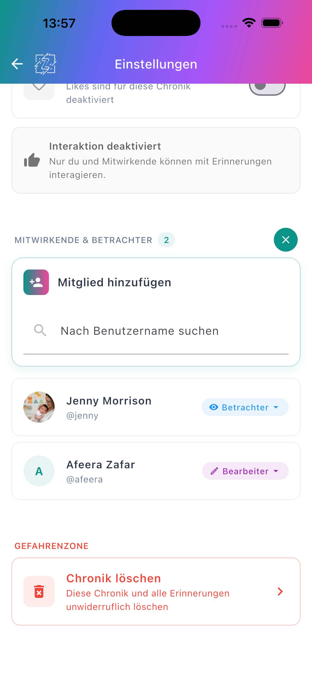 Einstellungen-Bildschirm mit Mitwirkenden in Bearbeiter- und Betrachter-Rollen sowie einer Gefahrenzone