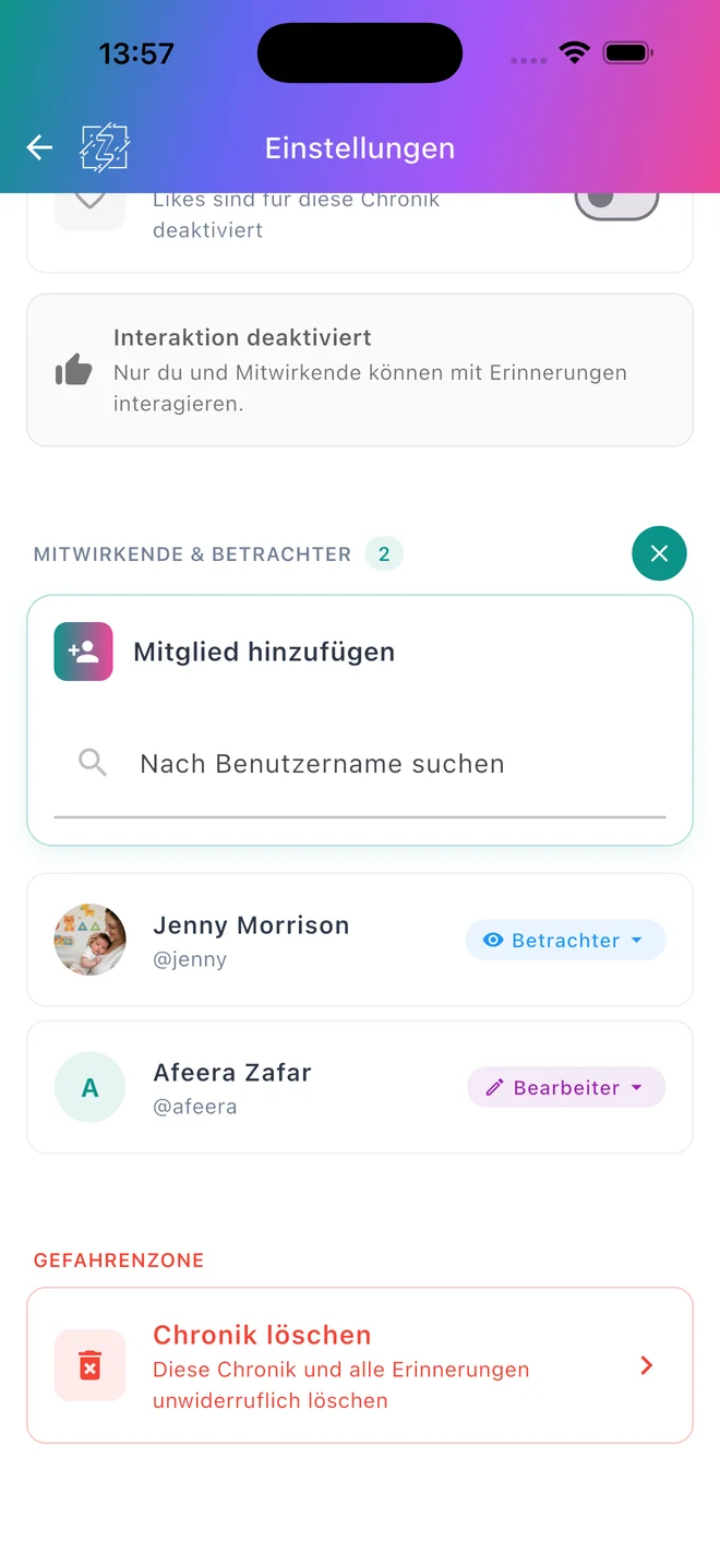 Zeitleisten-Einstellungen mit Mitgliedersuche sowie Betrachter- und Bearbeiterrollen
