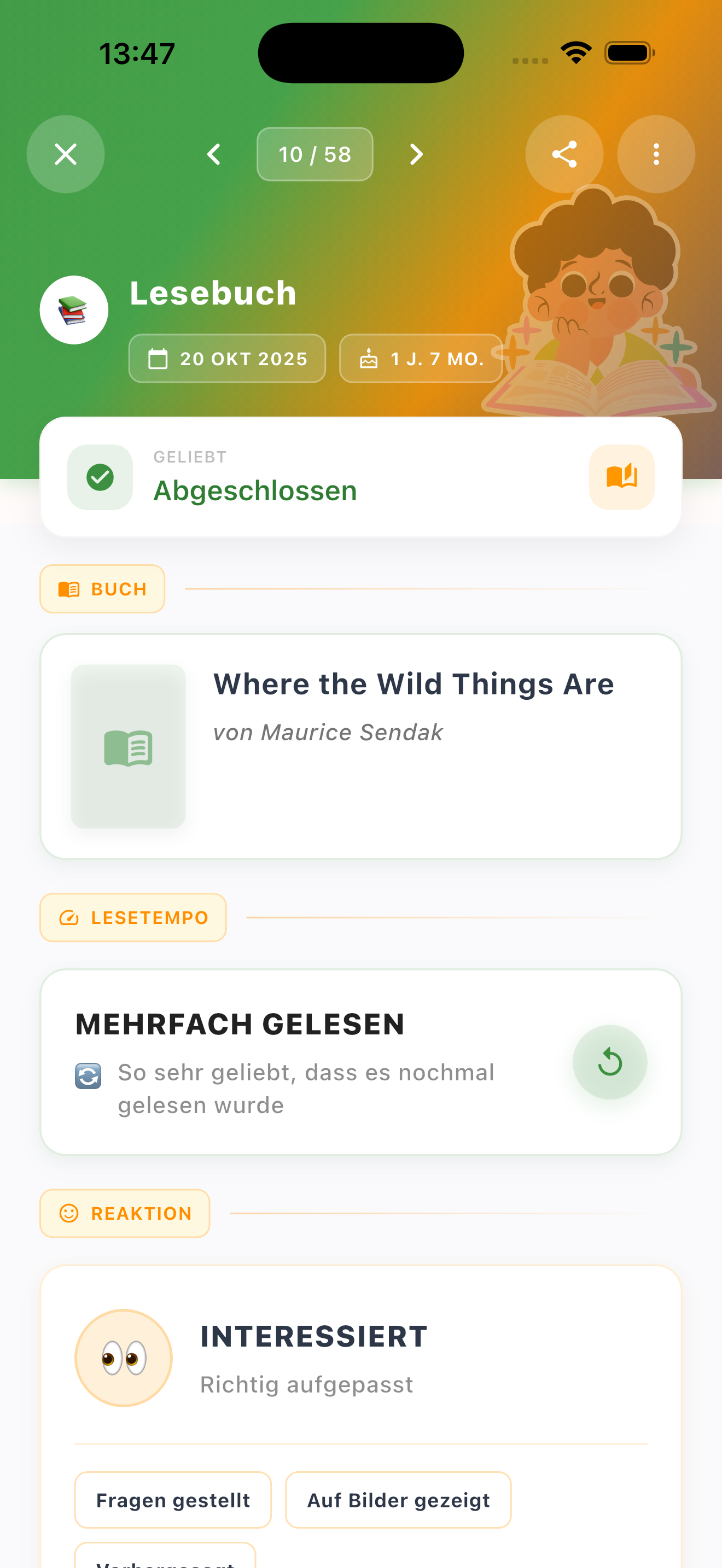 Lesebuch-Karte mit der Kleinen Raupe Nimmersatt als abgeschlossen und aufmerksam markiert