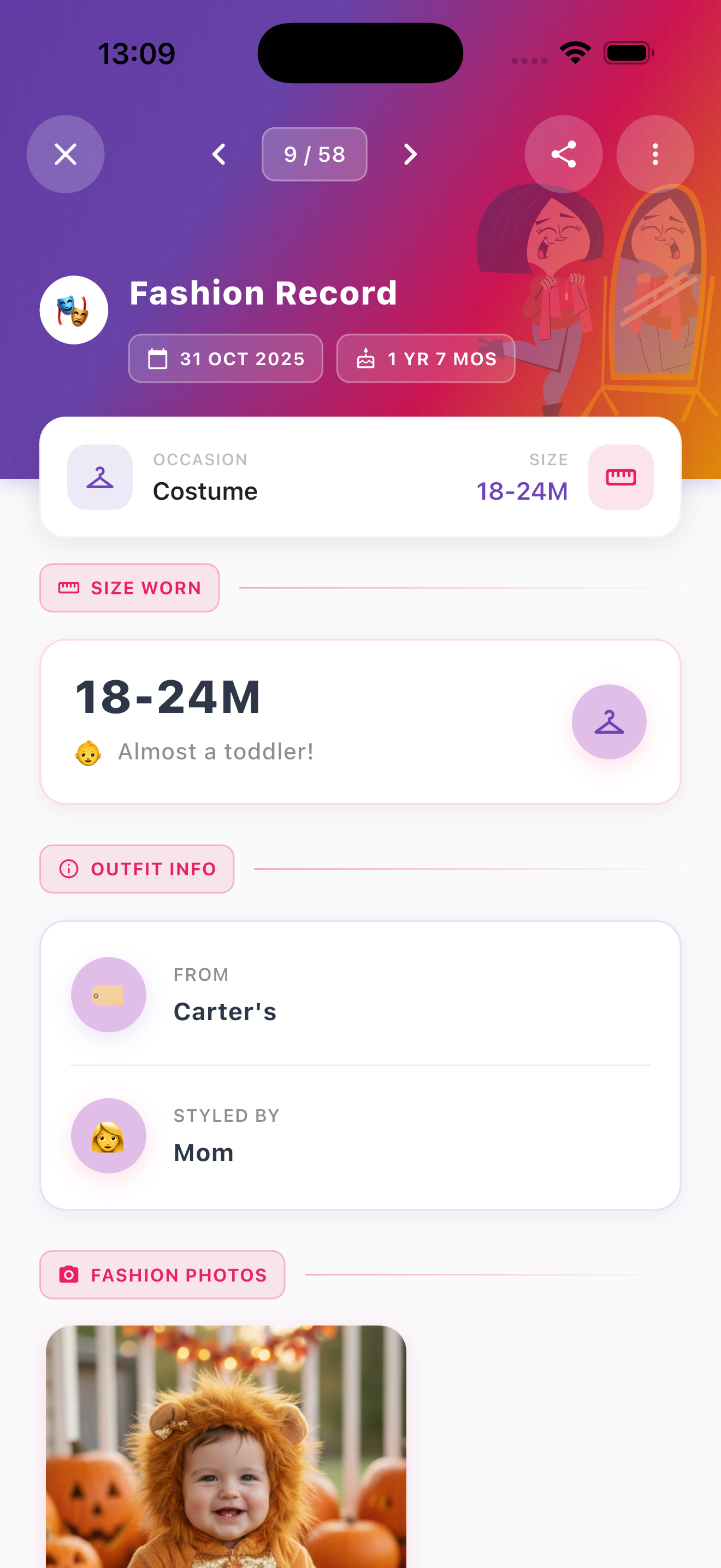 Fashion Record card showing a Halloween costume in size 18-24M from Carter's