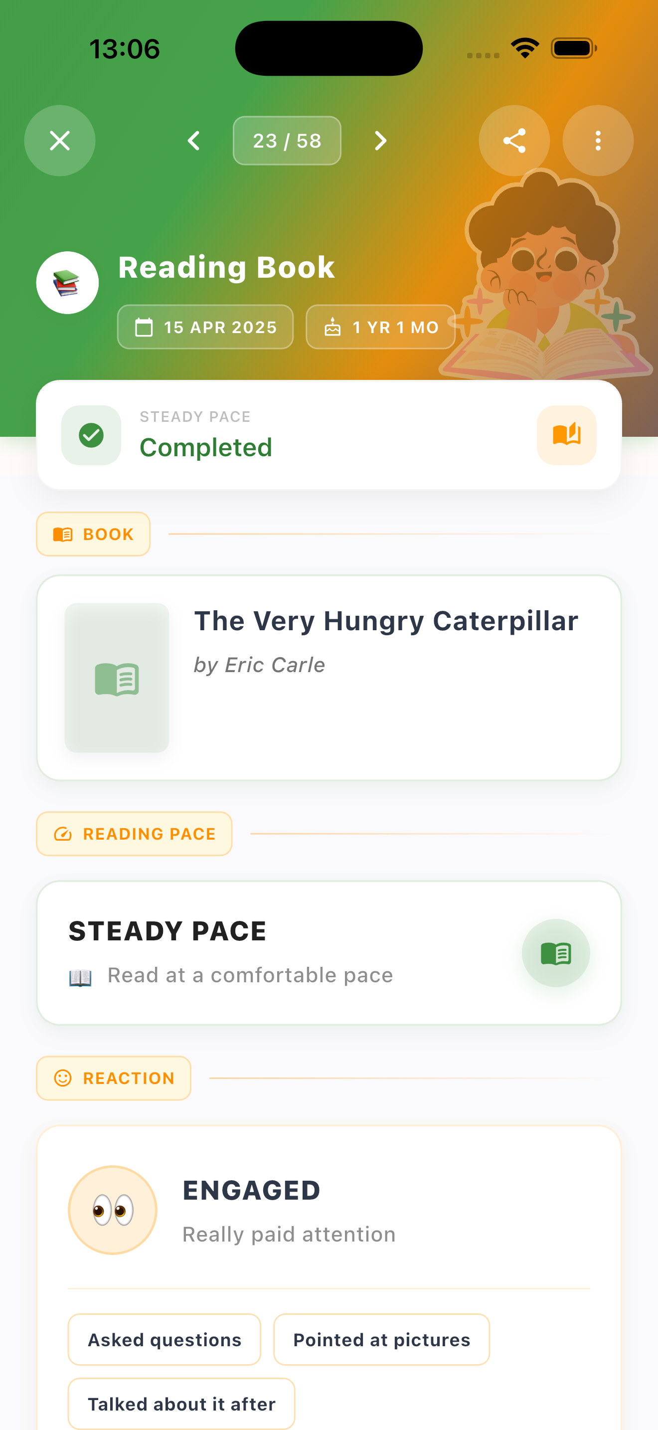 Reading Book card with The Very Hungry Caterpillar marked as completed and engaged