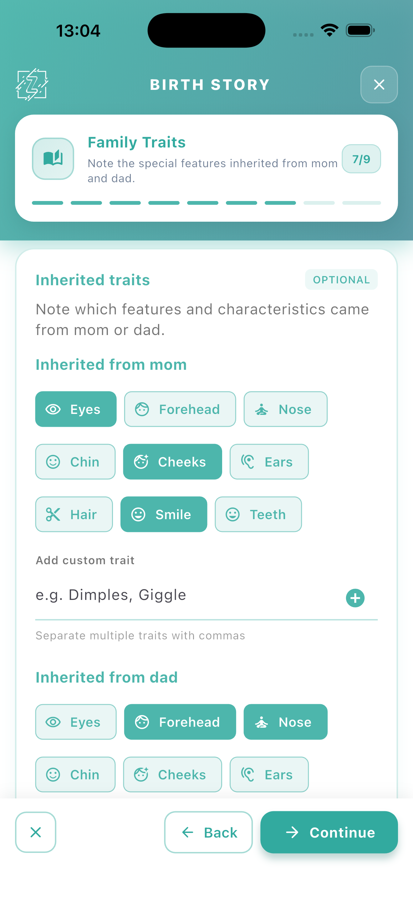 Birth Story wizard step asking which family traits the baby inherited from mom and dad