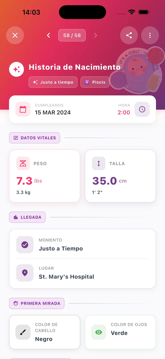 Recuerdo de nacimiento en Zeitarc con los detalles del bebé