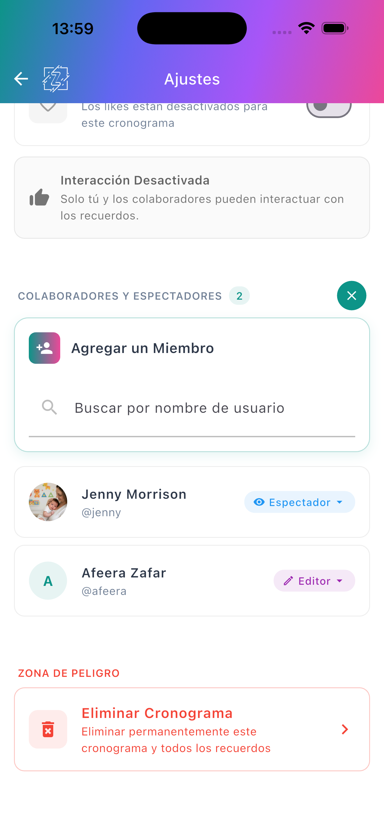 Pantalla de ajustes con colaboradores en roles de editor y visor más una zona de peligro