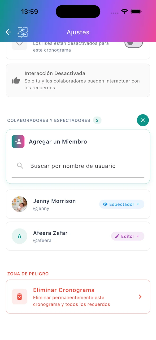 Ajustes con búsqueda de miembros y permisos de lector y editor