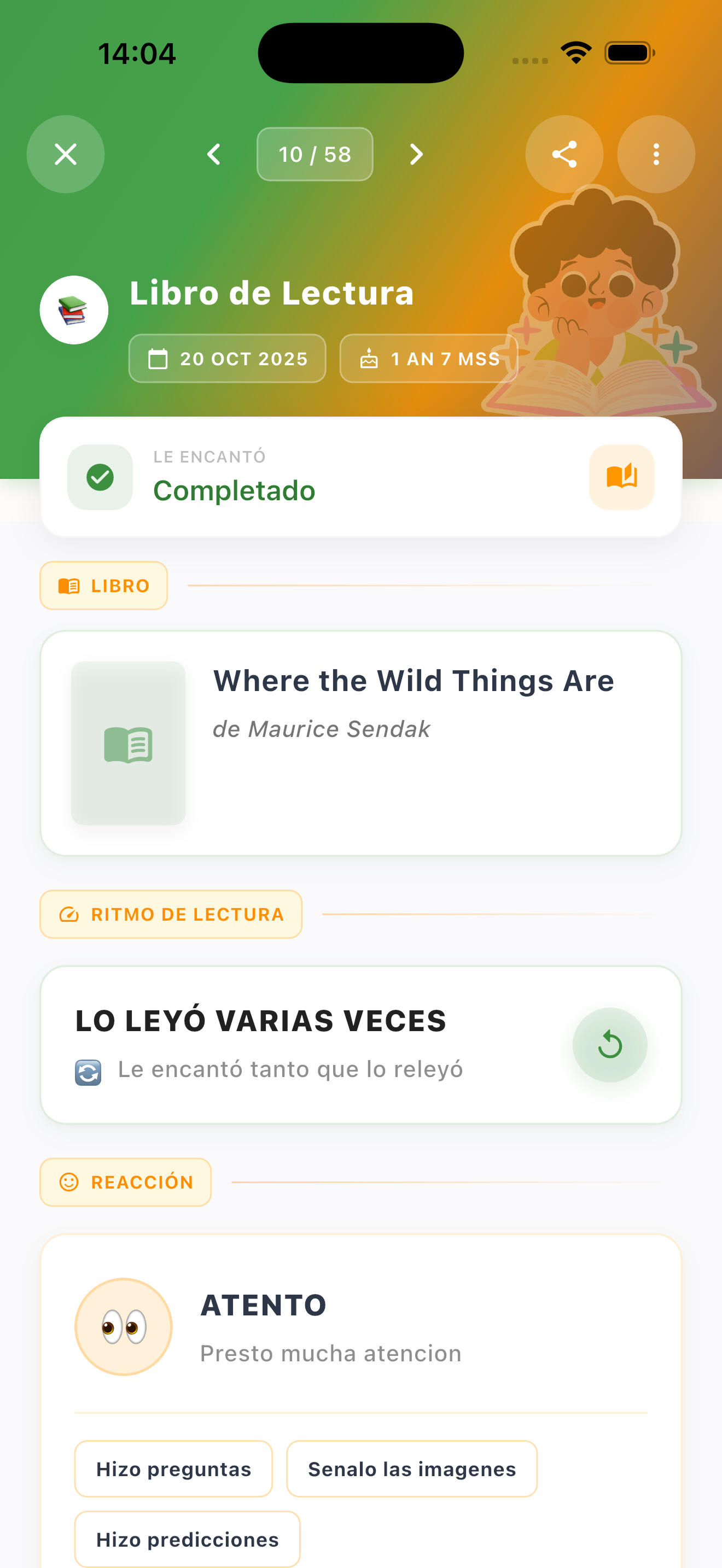 Tarjeta de Libro de Lectura con La pequeña oruga glotona marcada como completada y atenta