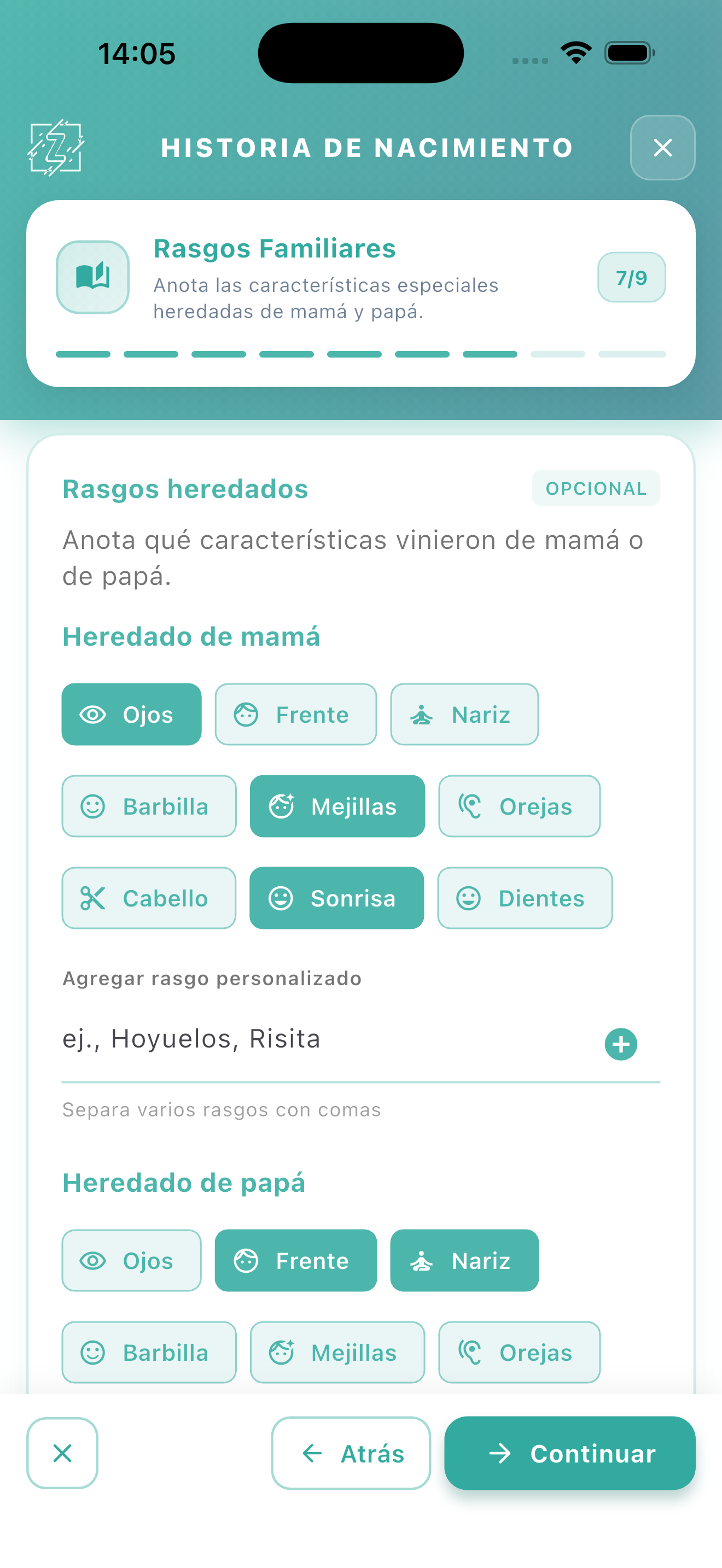 Paso del asistente de Historia de Nacimiento preguntando por los rasgos heredados de mamá y papá