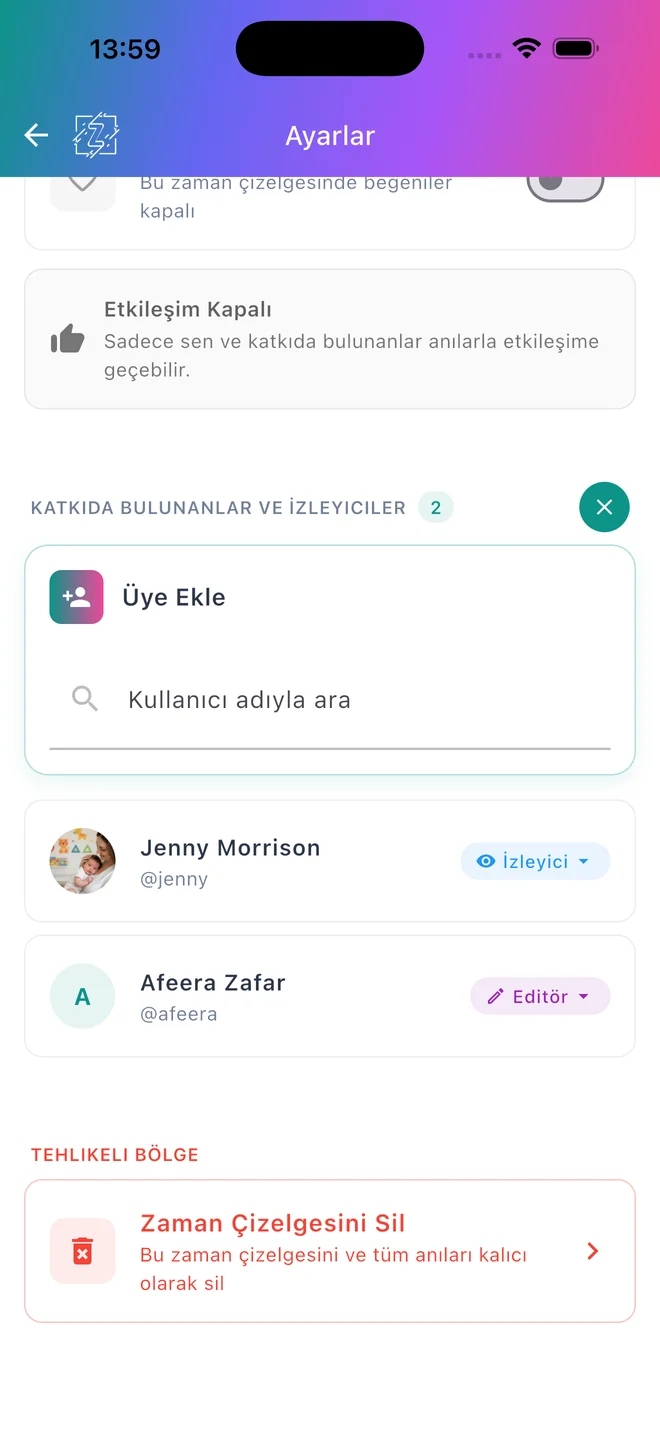 Üye arama alanı ile izleyici ve editör rollerini gösteren zaman çizelgesi ayarları
