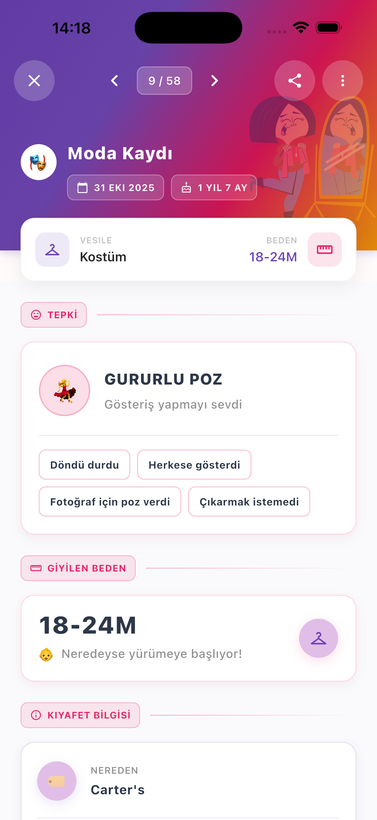 Carter's marka 18-24 ay beden bir bayram kostümünü gösteren Tarz Kayıtları kartı
