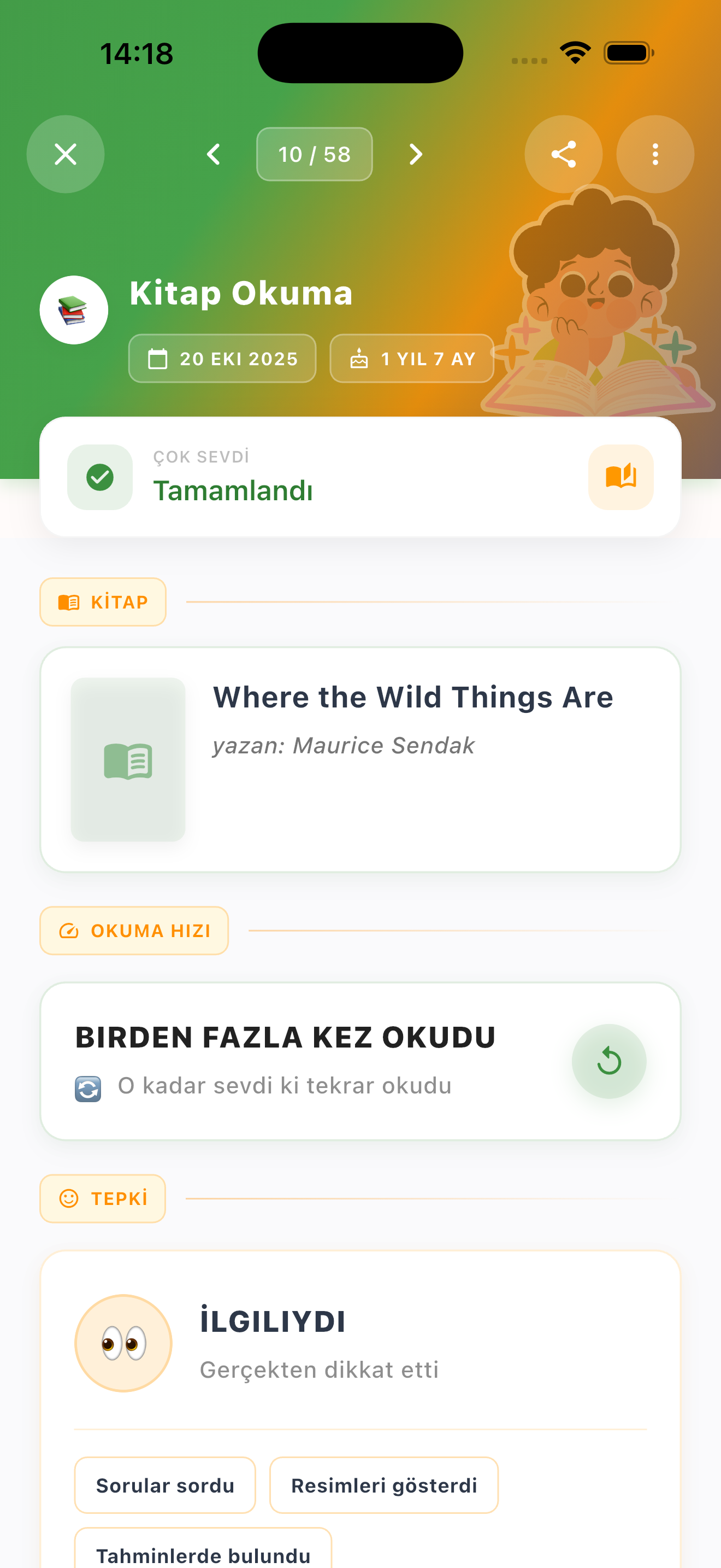 Aç Tırtıl kitabını tamamlanmış ve ilgili olarak gösteren Okuma Defteri kartı