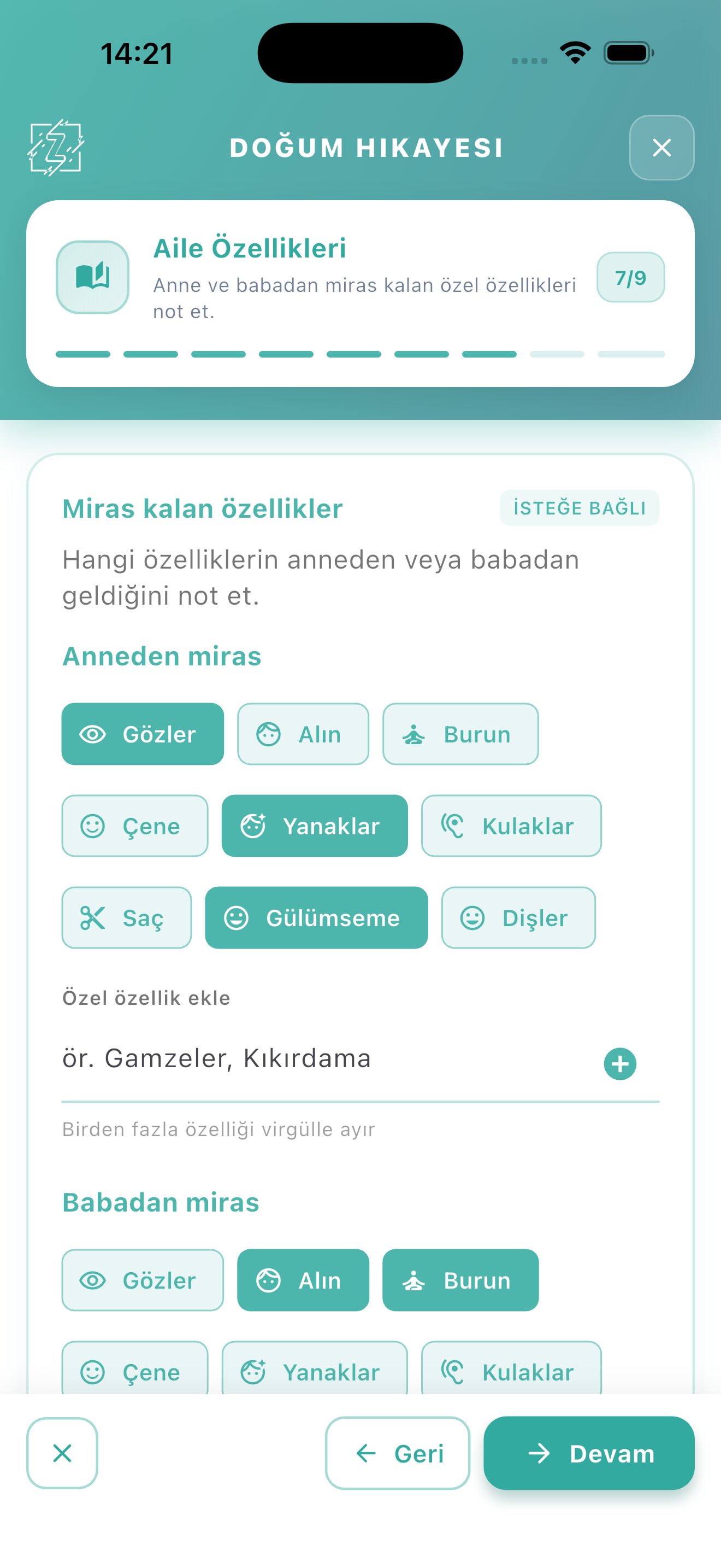 Bebeğin anneden ve babadan hangi özellikleri aldığını soran Doğum Hikâyesi sihirbazı adımı